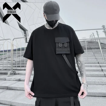 2023 Poletje Taktično T-Shirt Mens Techwear Žep Trakovi Design Funkcionalna Majica Ulične Harajuku Tshirt Black Tees Vrhovi