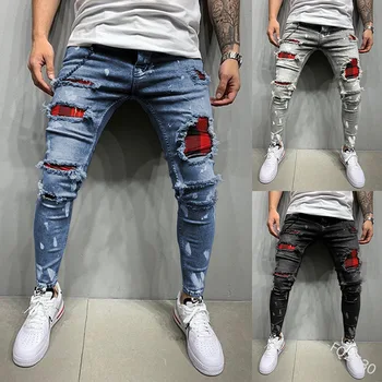 2024 Evropi in Združenih državah amerike Nove Moške Kavbojke Priložnostne Trim Lak Luknje Majhne Noge, Moške Jeans Trend