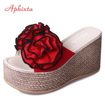 Aphixta 9 cm Platforma Klin Copati Ženske Čevlje Zlepi Riband Rose Cvetje Sandali Dekleta Flip Flop Strani Pantoufle Femme