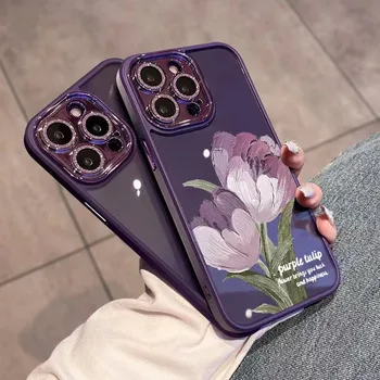 Deep Purple Slikarstvo Tulipanov Cvet Primeru Za iPhone 15 11 12 13 14 Max Pro Plus Elegantno Bleščice Objektiv Kamere Zaščitnik Jasno Pokrov