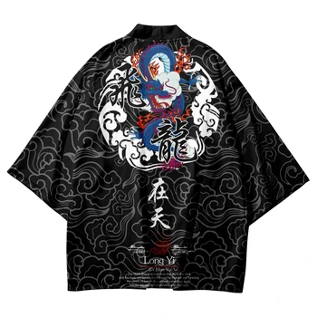 Harajuku Moda Anime Zmaj Tiskanja Japonski Kimono Tradicionalnih Ulične Črno Jopico Haljo Ženske Moški Haori Vrh Yukata