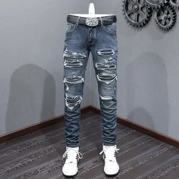High Street Mode Moške Jeans Retro Črna Modra Stretch Suh Fit Ripped Kavbojke Moški Usnje Krpar Oblikovalec Hip Hop Hlače Blagovne Znamke