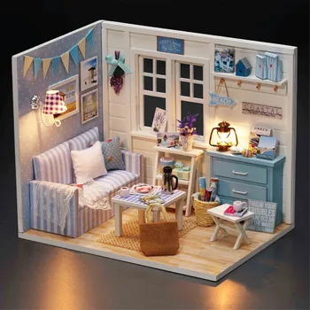 Lesene Princesa Soba Casa Lutka Hiše Miniaturne Zgradbe Kompleti s Pohištvom Svetlobe Lutke Igrače za Odrasle Rojstni dan DIY Darila