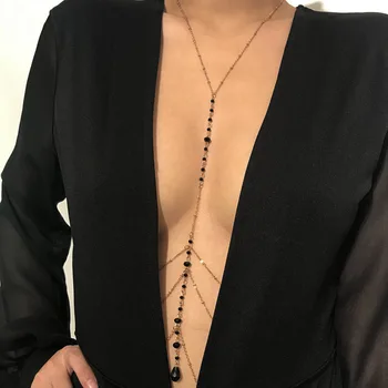 Moda black crystal prsih verige Enostavno kaplja vode tassel telo verige Ženske bikini seksi kristalno ogrlica Stranka nakit