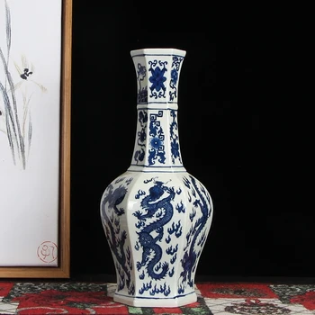 Modro Bele Keramične Vaze Za Cvetje Veliki Zmaj Letnik Orientalski Vaza Chinoiserie Dolgim Vratom Vaza Dekoracijo