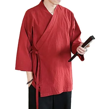 Moške Kitajski Slog Perilo Jopico Suknjič Svoboden Kimono Suknjič Barva Self-tie Hanfu Tradicionalna Oblačila 5XL