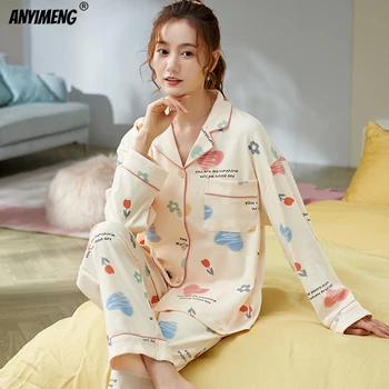 Novo Pomlad Jesen Ženske Pižame Nastavite Korejski Dolge Rokave Sleepwear Kawaii Jopico Prosti Čas Srce, Ki Tiskanja Pijamas River Pižame