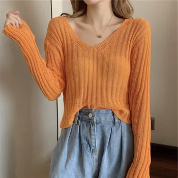 Pleteni pulover z Dolgimi rokavi svetlo oranžna kratek vrh Ženske novo ohlapno, tanko plast korejskem slogu Japonskem Slogu