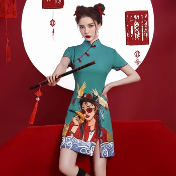 Poletje Kitajski Risanka Natisnjeni Saten Tradicionalnih Mandarin Ovratnik Qipao Kratkimi Mini Cheongsam Retro Ženske Obleke