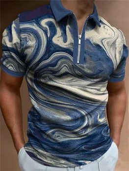 Poletje Zip Polo Majica za Moške Oblačila Letnik 3D Tiskano Majico Priložnostne Kratek Rokav River Svoboden Moške Srajce Moda Vrh Camisas