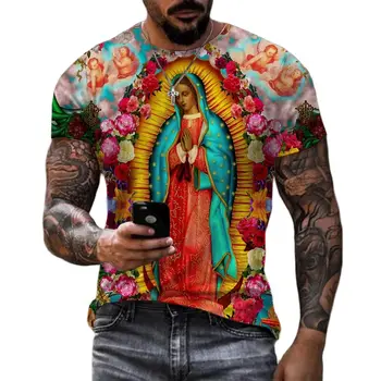 Poletne Moške 3d Natisnjeni T-Shirt O Vratu Kratek Rokav Guadalupe Katoliški Značaj Vzorec Priložnostne Harajuku Letnik Plus Velikost Vrh