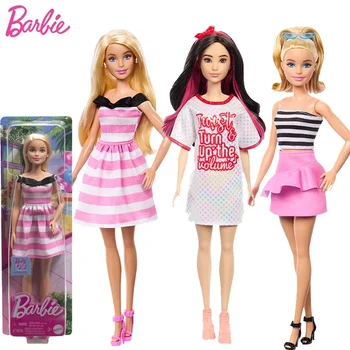 Prvotni Barbie Lutka Fashionista Otroci Igrače za Dekleta 65. Obletnico Blond Lase, Lutke Črtasto Obleko Pribor Juguetes Darilo