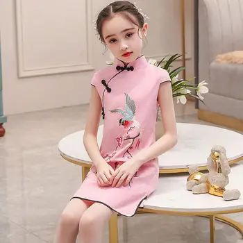 Roza Hanfu tradicionalna Kitajska obleka z visoko vratu bombaž konoplja poletje za otroke obleko za deklice