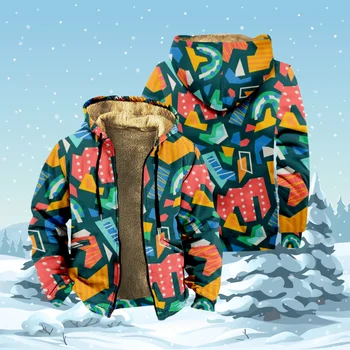 Topel pulover s kapuco Kolaž Vzorec Zadrgo pulover s kapuco za Moške Dolg Rokav Zgosti Zimski Plašč 3D Tiskanje Ulične Jakna