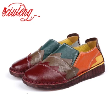 Xiuteng 2022 Ravno priložnostne čevlji velikosti usnjeni ženski čevlji Retro barvno ujemanje stanovanj Ročno izdelani čevlji obuv zapatos mujer