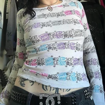 Y2K Grunge Emo T-shirt E-Gothic girl Lobanje Grafika Print Crop Tops 90. Letnik Dolgimi Rokavi, Puloverji Tees Japonski Ulične