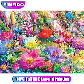 YiMeiDo Lotus Flower 100% AB Diamond Slikarstvo Pisane Živali Žaba Diamond Vezenje Metulj Dragonfly Mozaik Doma Dekor Darilo