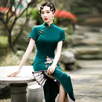 Yourqipao Novi Kitajski Hanfu Halje Kitajska Vezenje Acetat Dolgo Cheongsam Obleke, Ženske Uspešnosti Fazi Ples Večerno Obleko