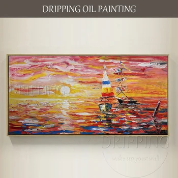 Čisto Ročno poslikano Sodobno Abstraktno Wall Art Jadrnico, Oljna slika na Platnu Povzetek sončnem zahodu Pokrajina Jadrnic Oljno sliko